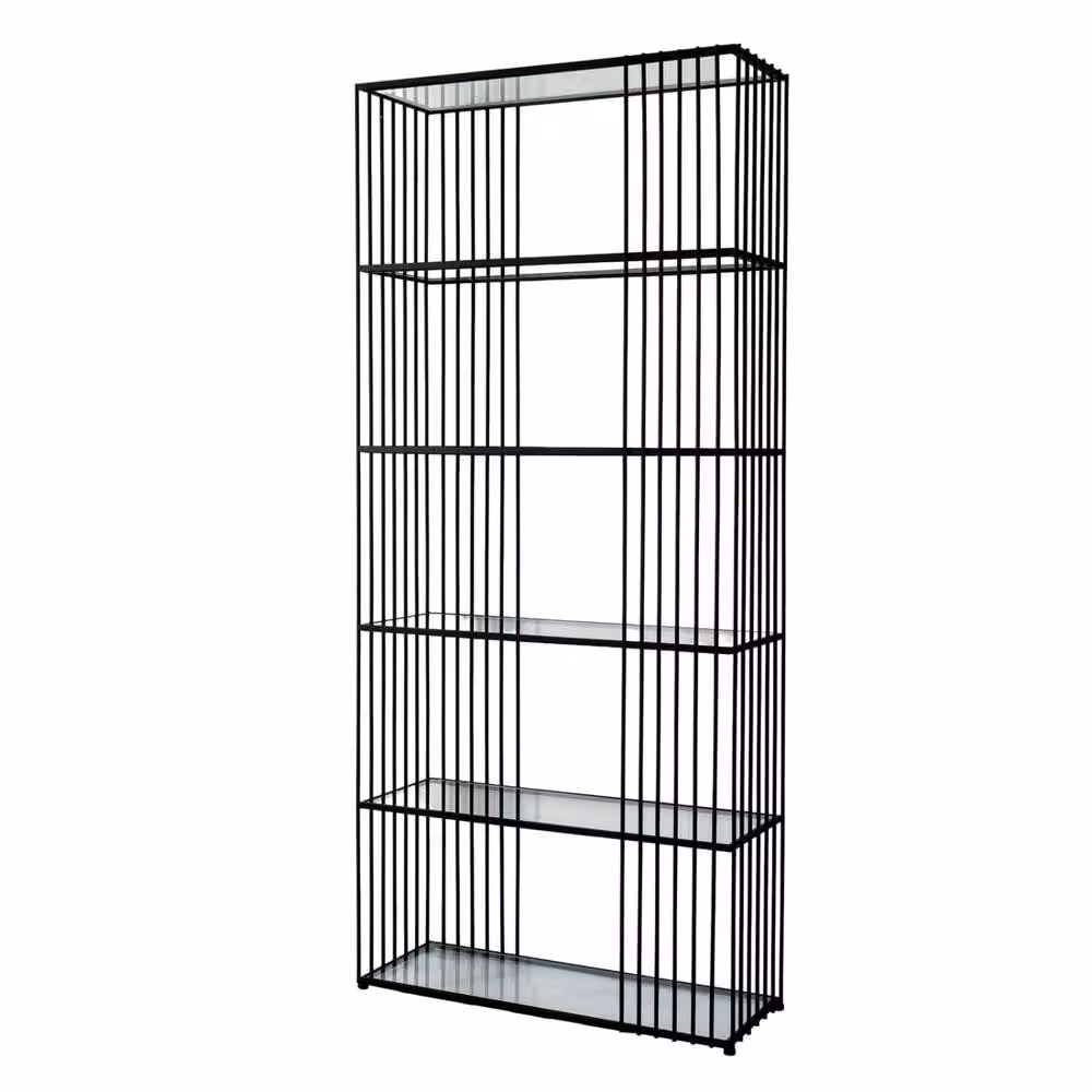 Wyld Haus Memphis Minimalist Black Metal Slim Shelving Unit with Glass Shelves, W/D/H: 80 x 27 x 179 cm – 2