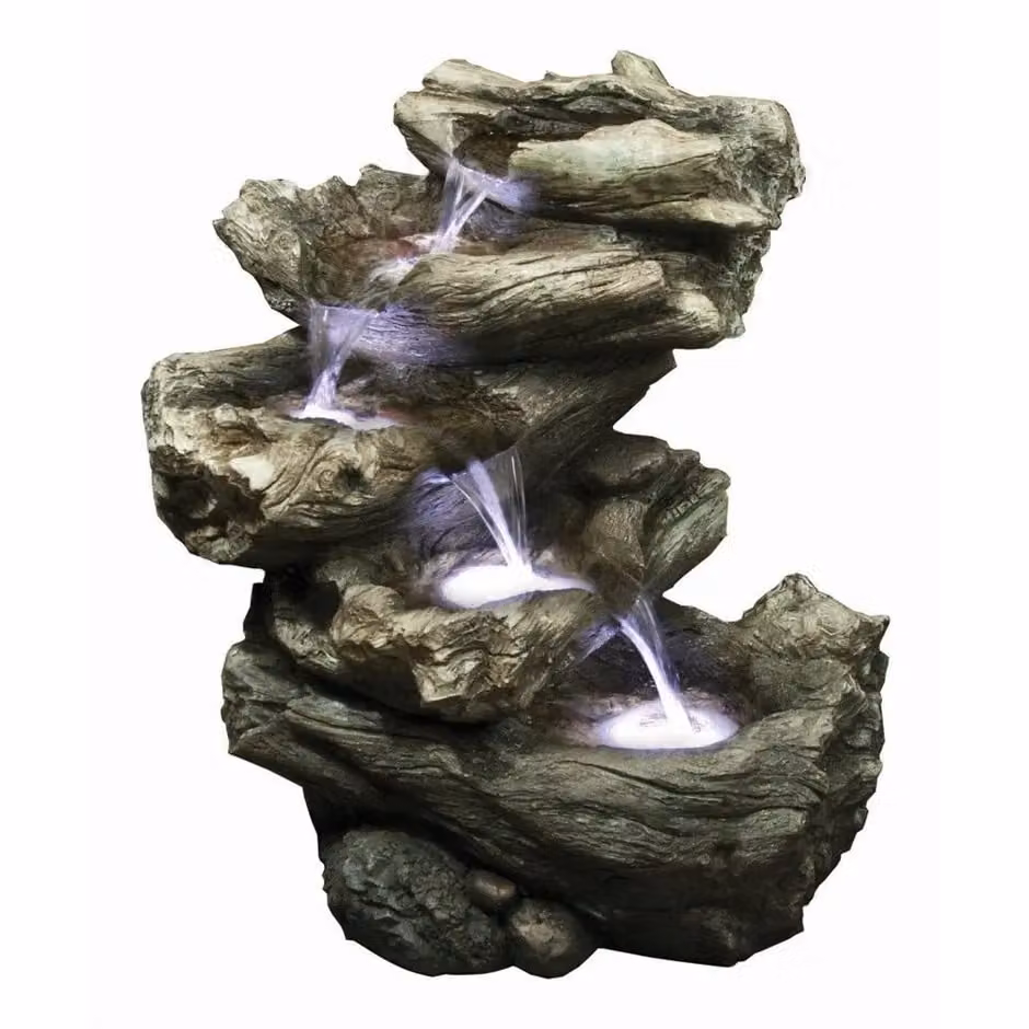Primrose Driftwood 4-Tier Self Contained Cascade Water Feature with LED Lights, Brown, Height: 55 cm – 2