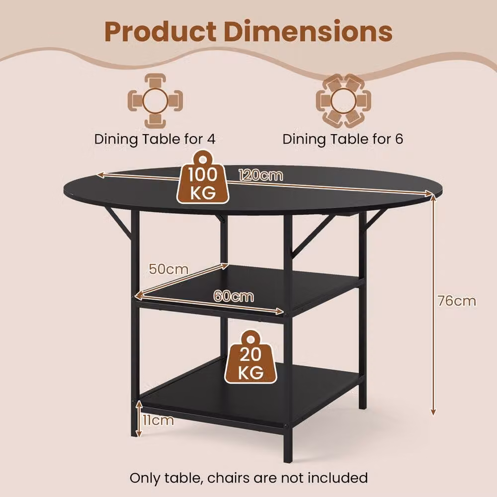 Costway Modern Round Dining Table with 2 Storage Shelves in Black, Diameter: 120 cm – 7