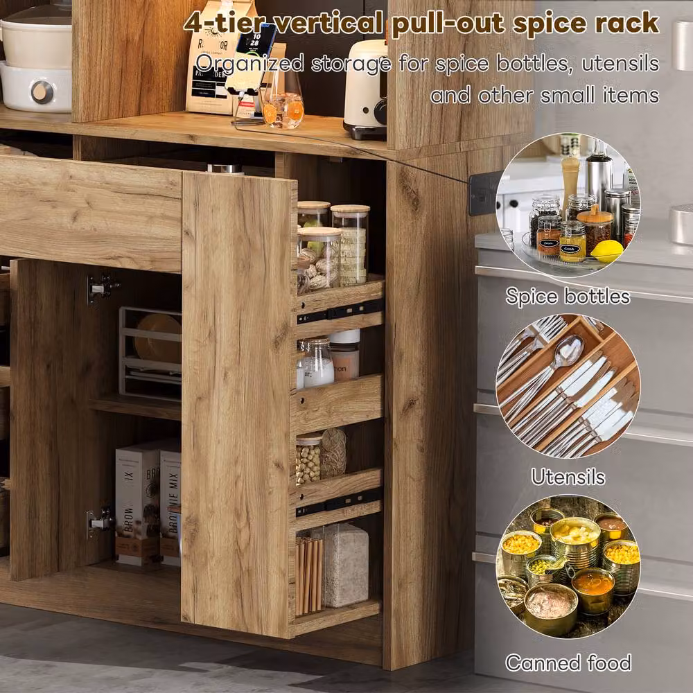 Merax Modern Brown Tall Kitchen Dresser with Integrated Lighting, Internal Shelves and Bottle Rack, Height: 105 cm – 6