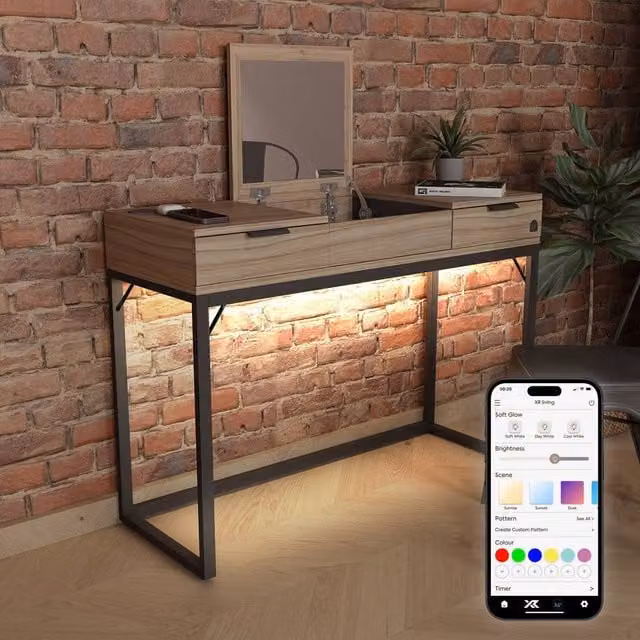 X Rocker Denver Dressing Table with Wireless Charging and App Control LED Lights in Light Oak