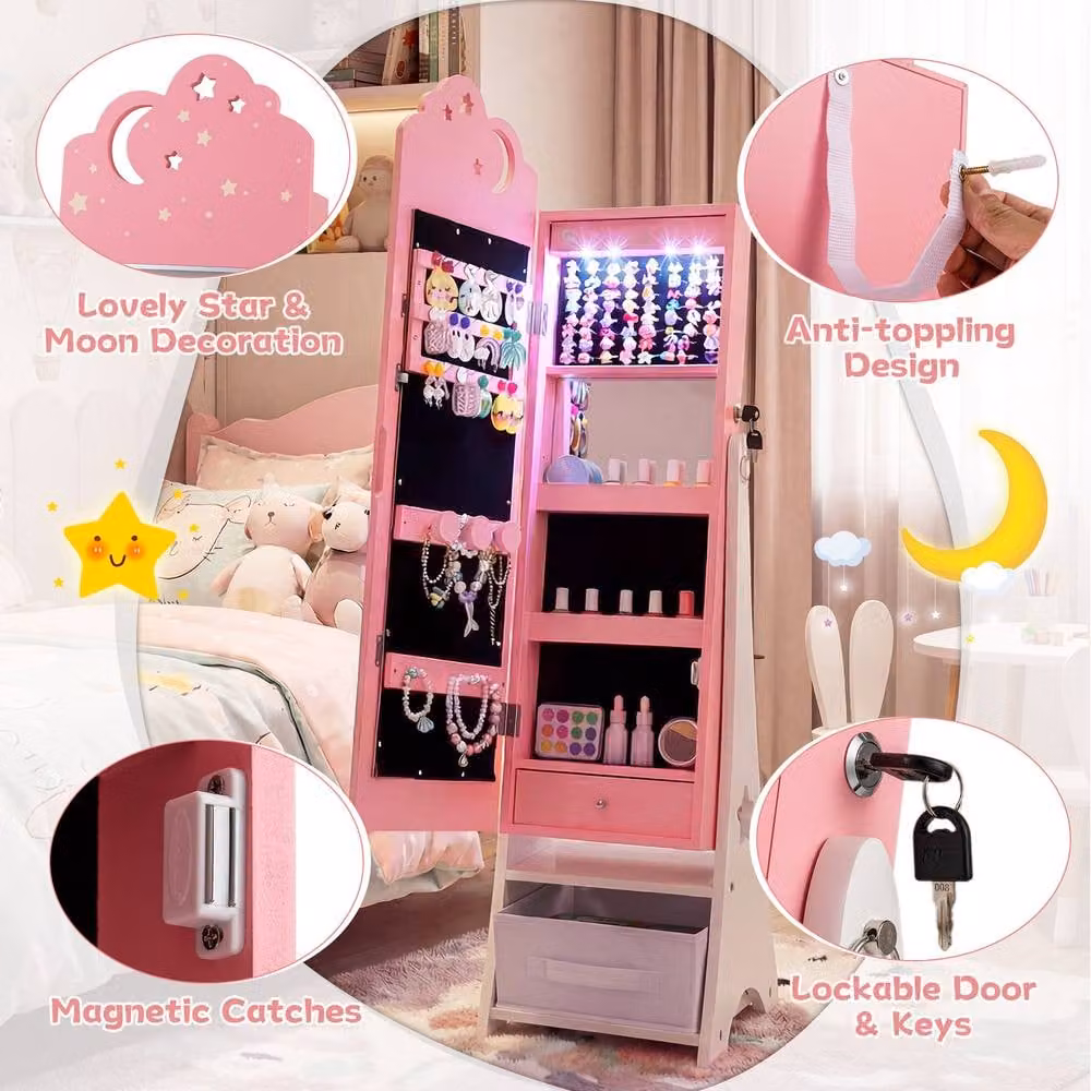 Costway Kids Jewelry Cabinet with LED Lighting and Full-Length Mirror in Pink – 6