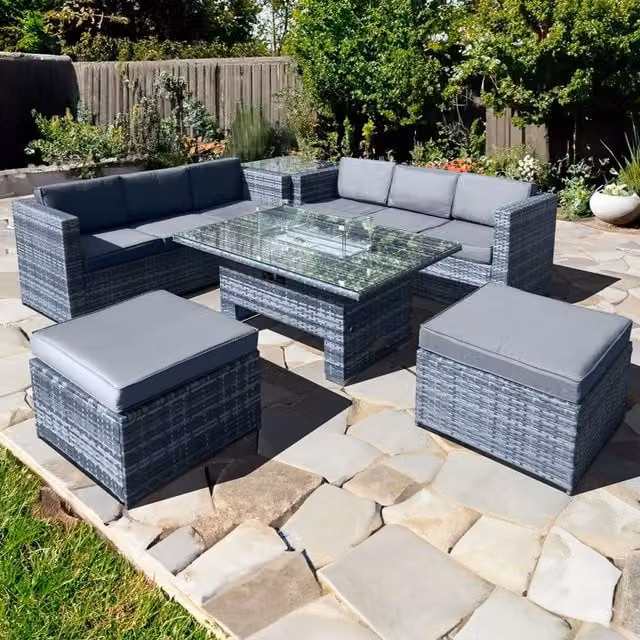 Oseasons Malta Rattan 8 Seat Rising Firepit Corner Set with Twin Stools in Ocean Grey