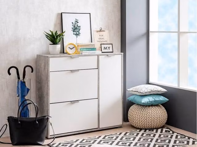 Vente-unique Modern Shoe Cabinet in White and Grey with Tilting Compartments and Internal Shelves – 1