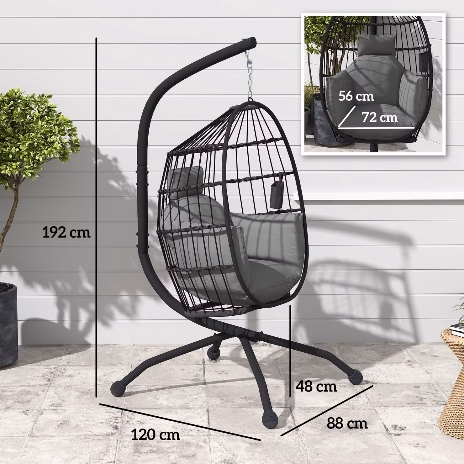 Outsunny Hanging Egg Chair with Stand and Cushions, Dark Grey Rattan Swing Chair for Indoor and Outdoor Use – 3