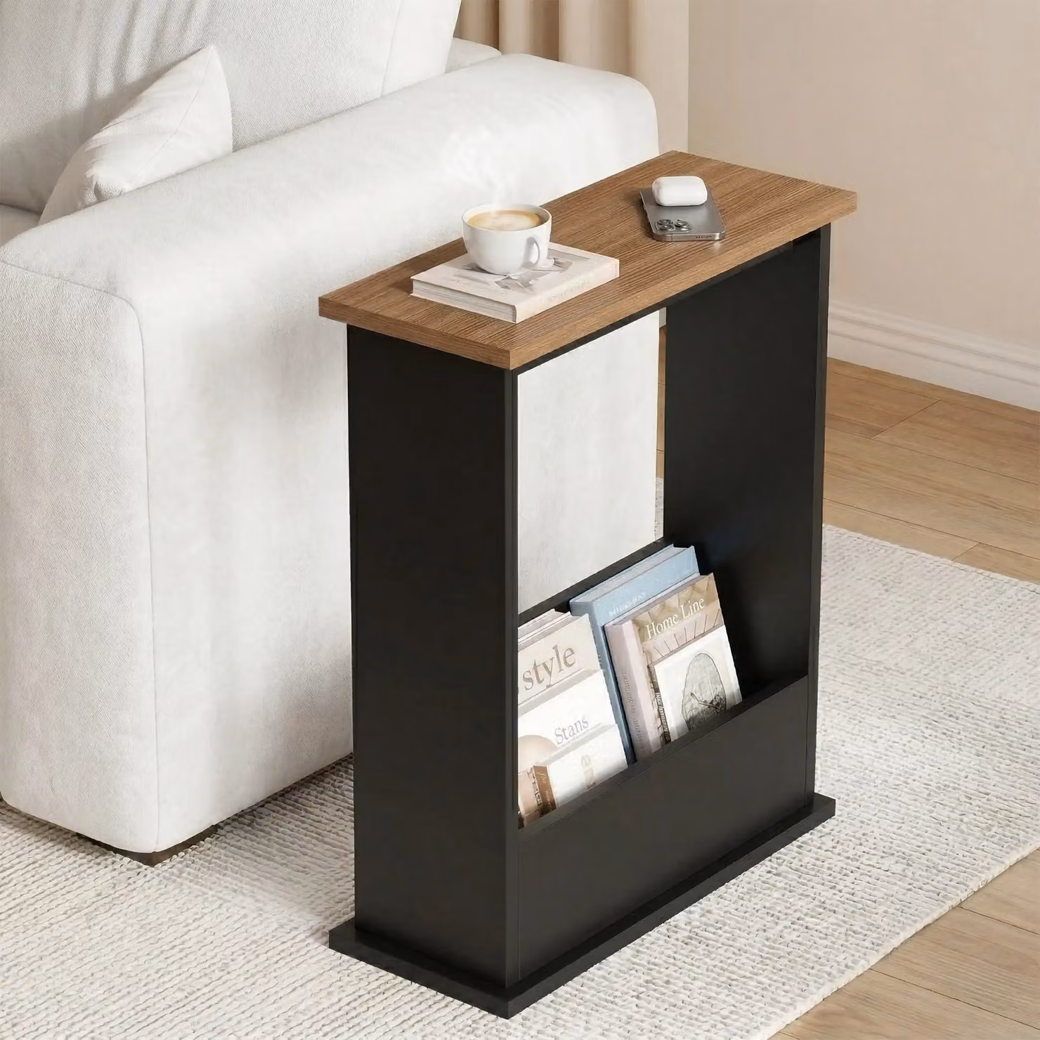 DHS Small Narrow Side Table with Storage in Walnut and Black