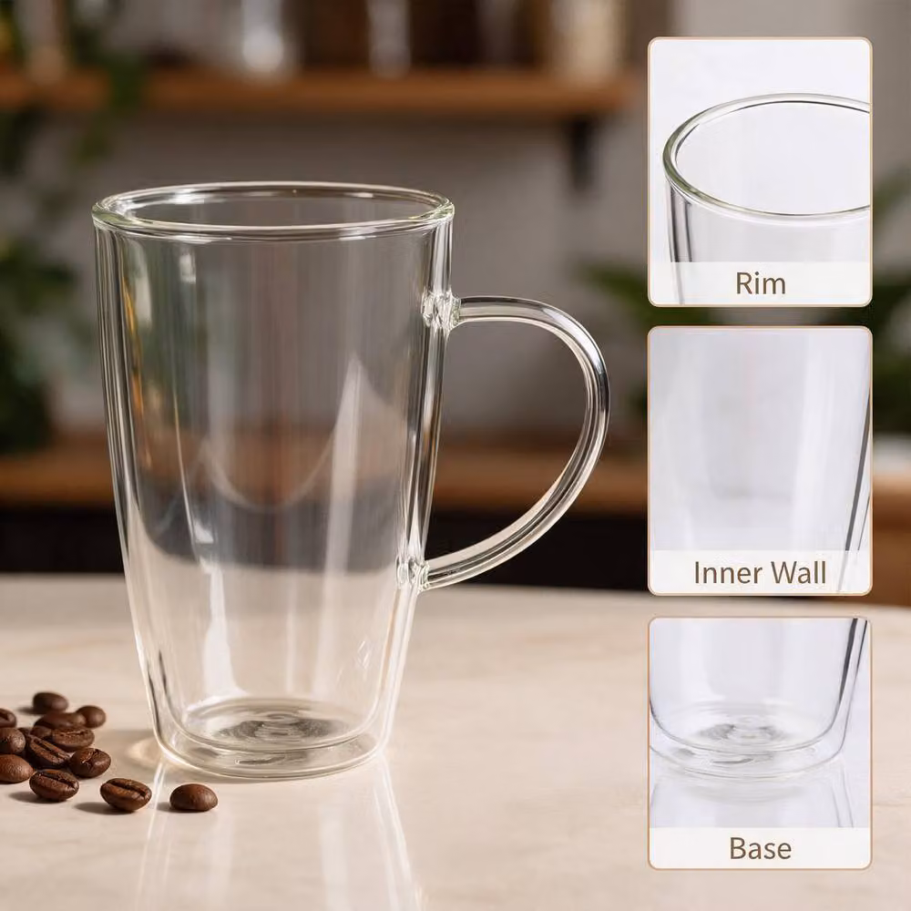 Crystals Double Wall Insulated Glass Coffee Mug with Handle, 350ml, Clear – 8