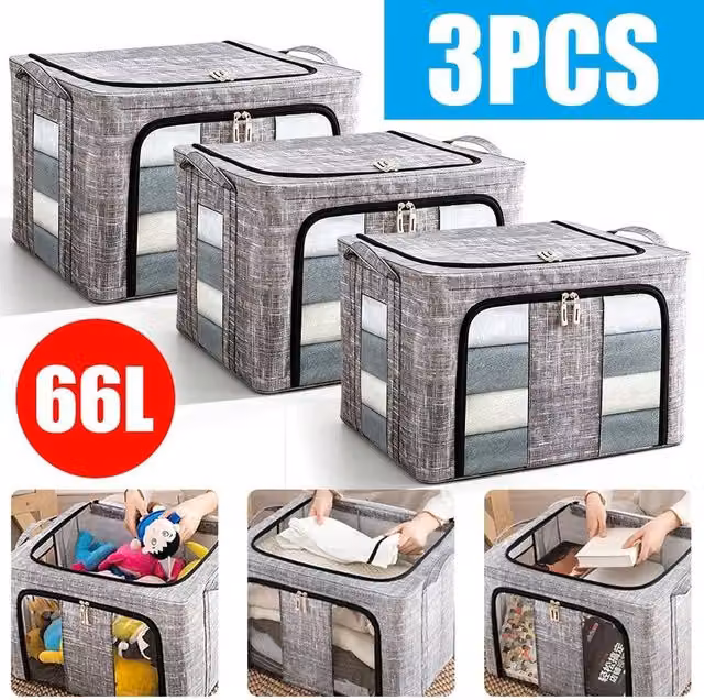 FLAVORA 3-Piece Foldable Clothes Storage Organizer Bags in Grey