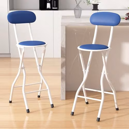 MCC Direct Set of 2 Folding Breakfast Bar Stools with Padded Synthetic Leather and Metal Frame in Blue and White – 2
