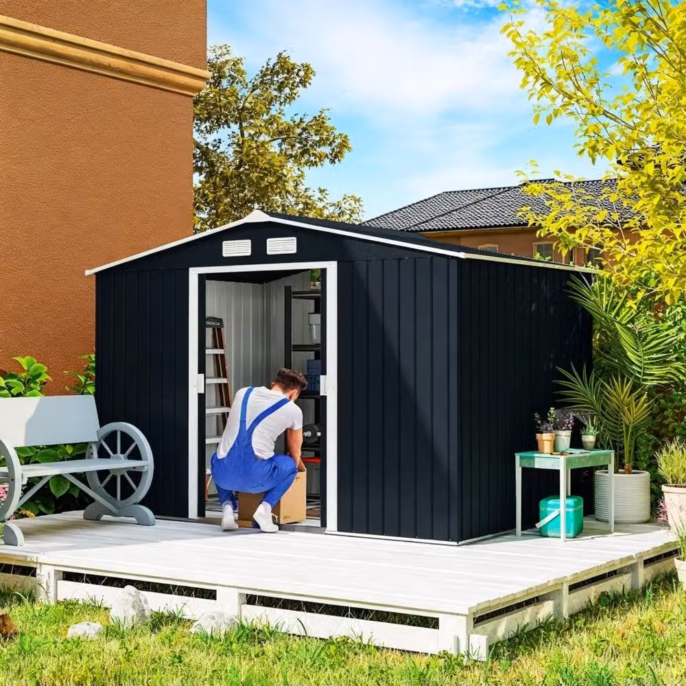 STILVORA Modern Galvanised Steel Garden Shed with Sliding Doors and Side Vents in Grey, H 195 cm x W 183 cm – 2