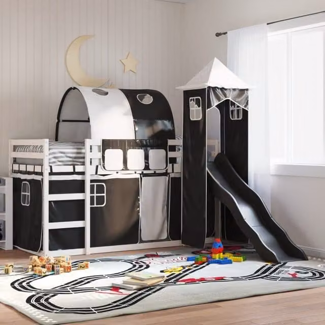 Berkfield Home Solid Wood Childrens Bunk Bed with Slide in White and Black, W/D/H: 90 x 200 cm