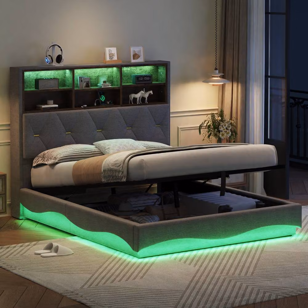 Matteo Double Grey Linen Upholstered Bed Frame with Hydraulic Storage, LED Lighting, Bedside Shelf and USB Charging Port, W/D/H: 140 x 200 cm – 2