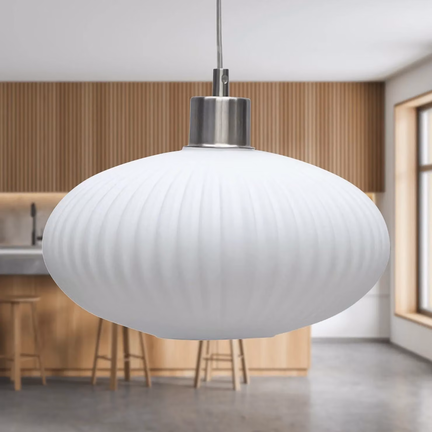 First Choice Lighting Baton Pendant Light with White Ribbed Oval Glass and Satin Nickel Fitting – 2