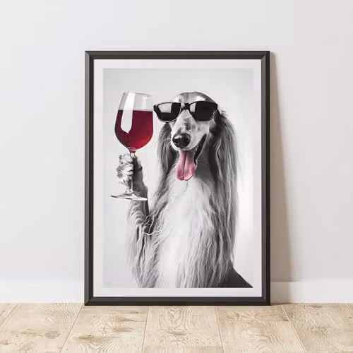 60 Second Makeover Funny Afghan Hound Drinking Wine Paper Poster, Black and White, A4