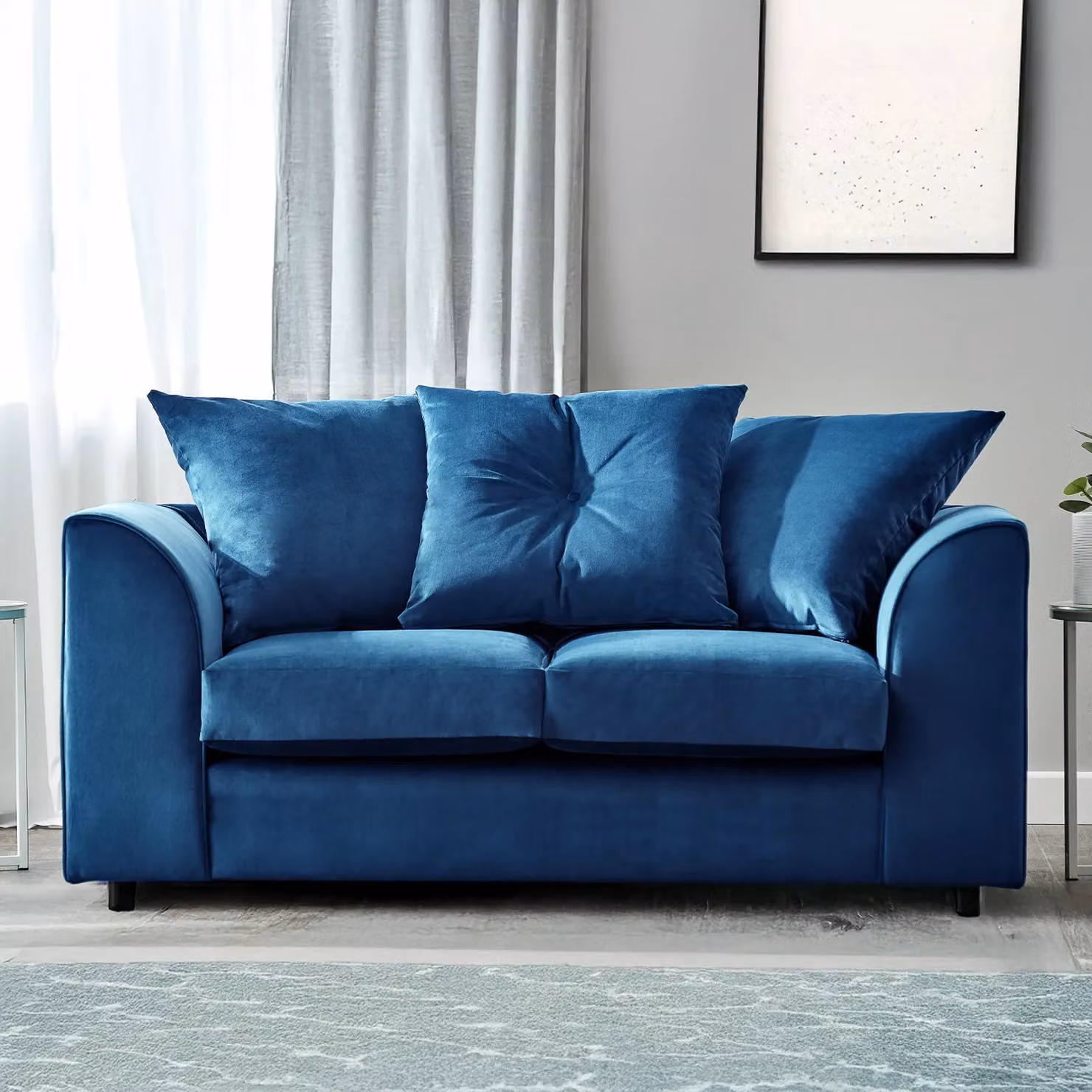 Furnishings For Less UK Fernando 2 Seater Sofa in Blue Soft Plush Velvet Fabric with Scatter Cushions and Removable Covers – 2