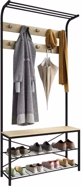 VCM Taliro Industrial Hall Tree with Bench and Shoe Rack in Light Oak, H 190 x W 110 x D 30 cm – 1