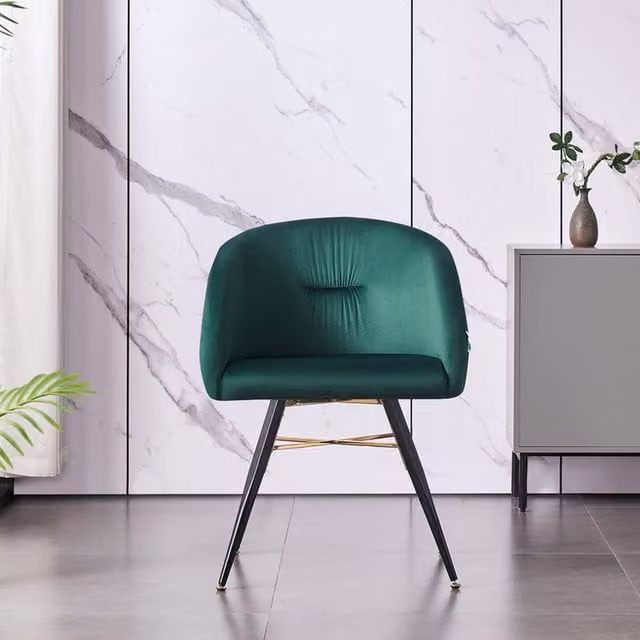 Life Interiors Set of 2 Vittorio Velvet Dining Chairs with Armrests and Black Metal Legs in Green