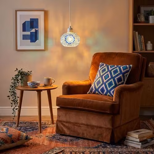Happy Homewares Blue Moroccan Mosaic Glass Sphere Pendant Ceiling Light Shade W/D/H: 15 x 15 x 11 cm – 2