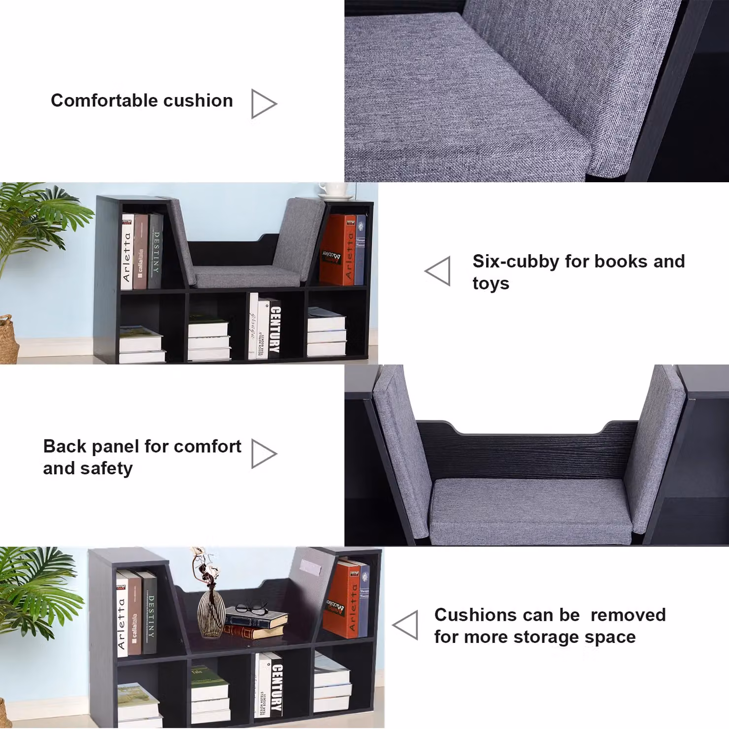 HOMCOM Six Cube Bookcase Storage and Reading Seat Unit in Black and Brown – 4