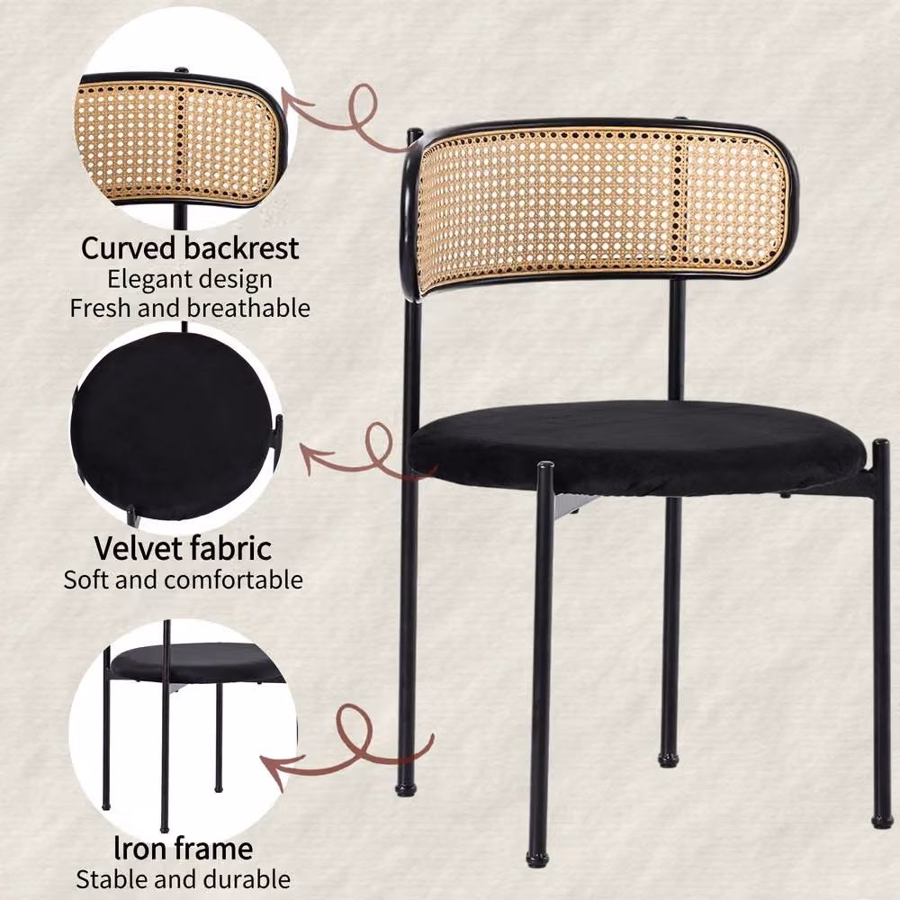 HomeTouch Set of 4 Modern Black Velvet Dining Chairs with Curved Rattan Back – 5