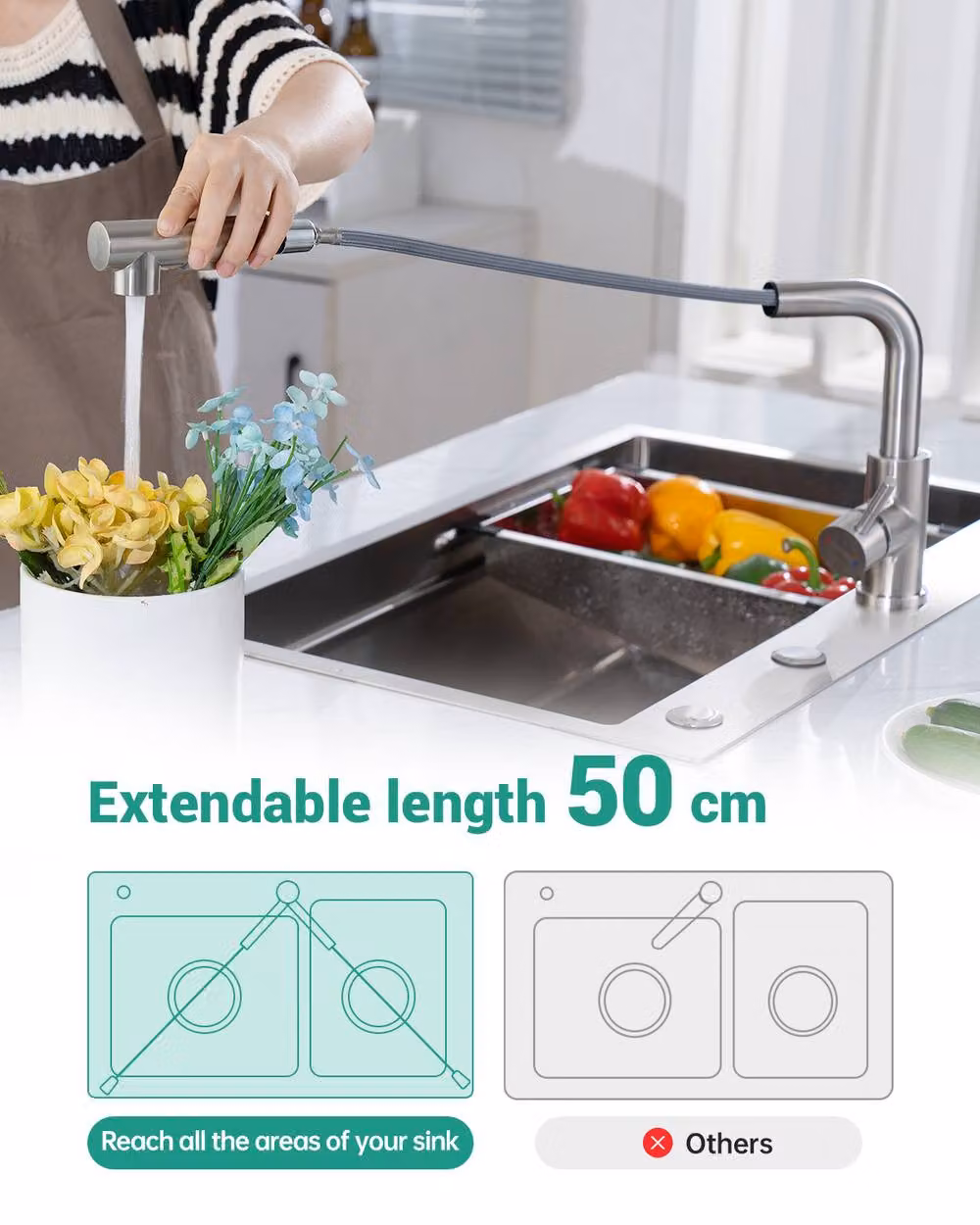 Dayone Brushed Steel Kitchen Tap with Pull Out Spray and Two Spray Functions in Silver – 3