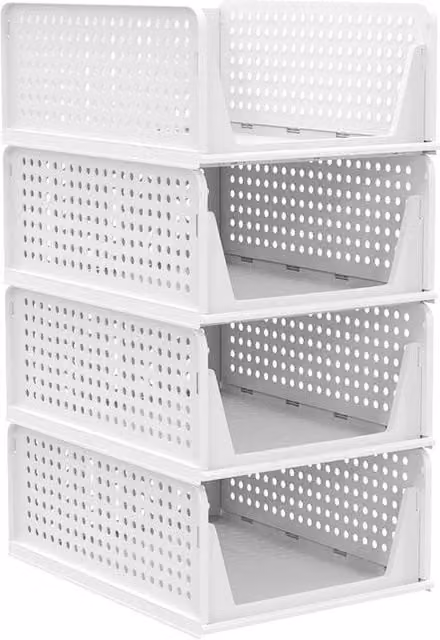 VOGREX 4 Pack Foldable and Stackable Slatted Wardrobe Pull Out Storage Baskets in White