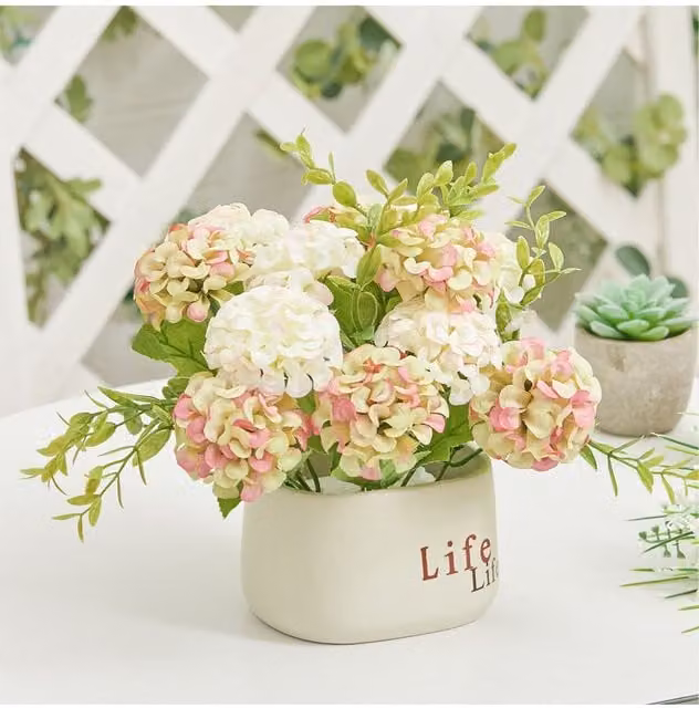 Living and Home Artificial Hydrangea Flower in a Ceramic Planter for Tabletop Decoration, White