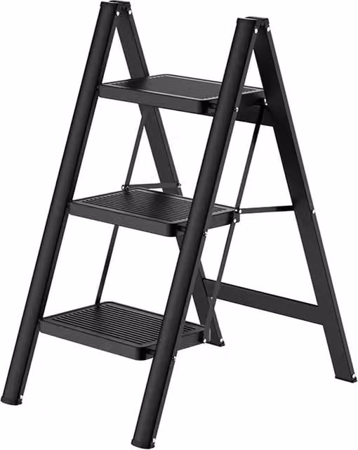 Nordara Black 3-Step Steel Folding Ladder with Non-Slip Rubber Feet