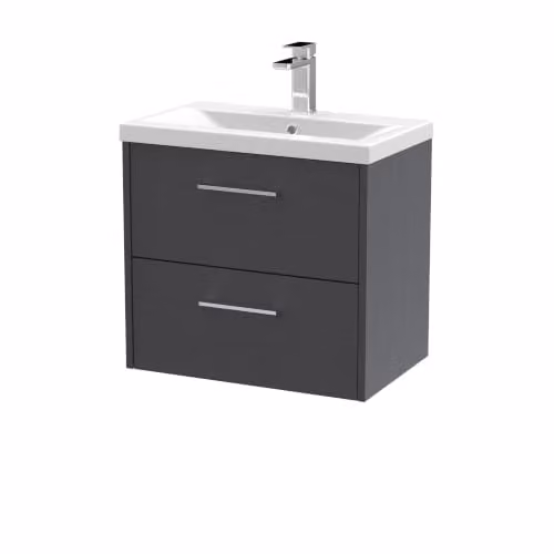 Balterley Wall Hung Bathroom Vanity Unit with Basin and 2 Soft Close Drawers, Graphite Grey, W: 60.0 cm, D: 39.0 cm, H: 57.9 cm