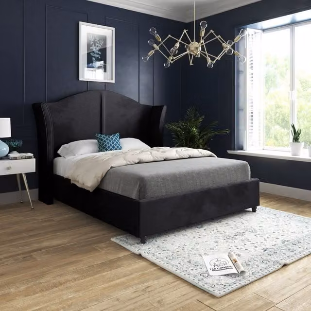Casani Zampa Super King Upholstered Soft Velvet Bed Frame in Black, W/D/H: 200 x 137 x 189 cm