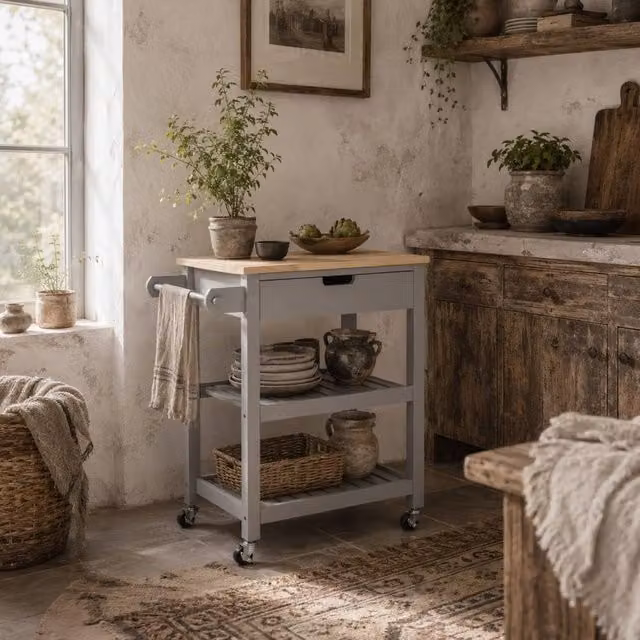 Wyld Haus Vena Grey Kitchen Trolley with Natural Rubberwood Worktop, Drawers and Shelves – 1