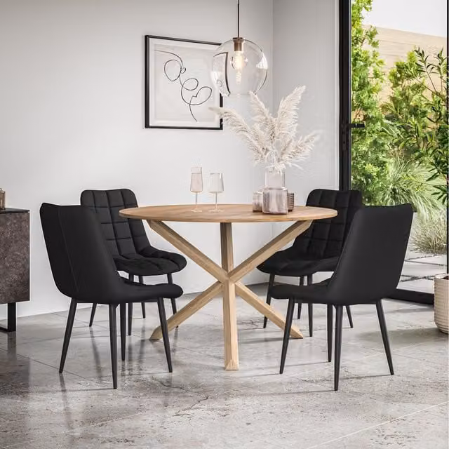 More4Homes Malvern Round Oak Effect Dining Table Set with 4 Black Nova Velvet Chairs