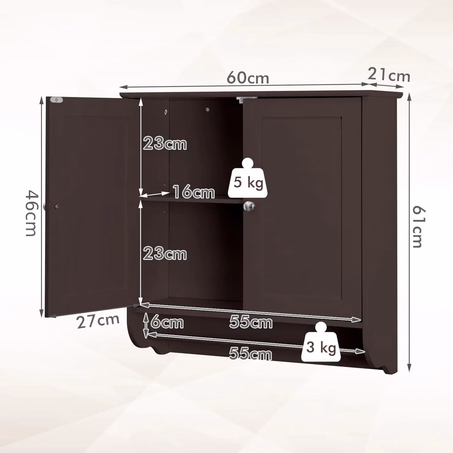 Gymax Brown Wall Mounted Bathroom Cabinet with Towel Bar and Adjustable Internal Shelves – 2