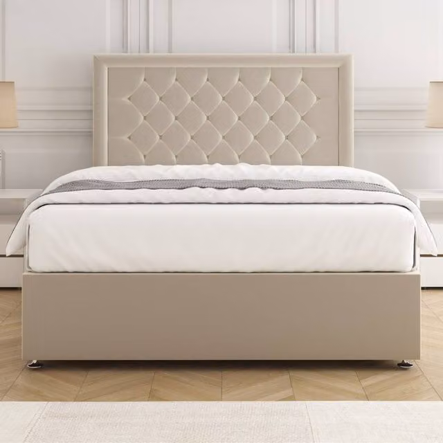 BSSPOKE Nova Plush Velvet Divan Bed Set with 24 inch Headboard and Mattress in Cream, Small Double, W/D/H: 120 x 200 cm