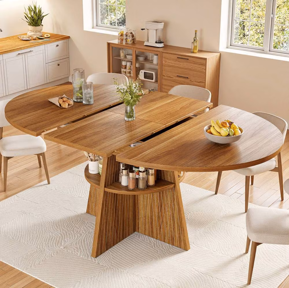 STILVORA Extendable Round Dining Table in Brown with Butterfly Leaf and X-Frame Base, W/D/H: 110 x 110 x 76 cm – 2