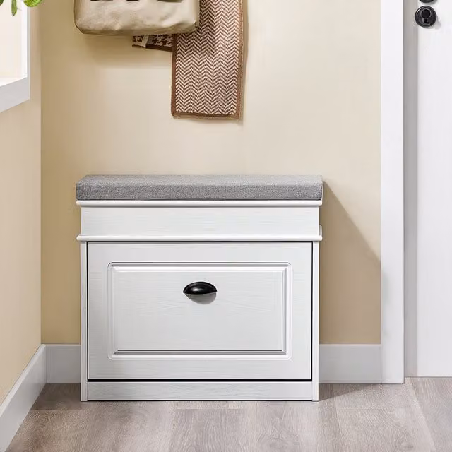 SoBuy Narrow Shoe Storage Bench with Fabric Seat in White