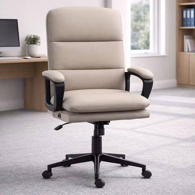 ERGOVEXA Modern Task Chair in Grey and Beige Synthetic Leather with Armrests and Castors, H 118 x W 64 x D 69 cm