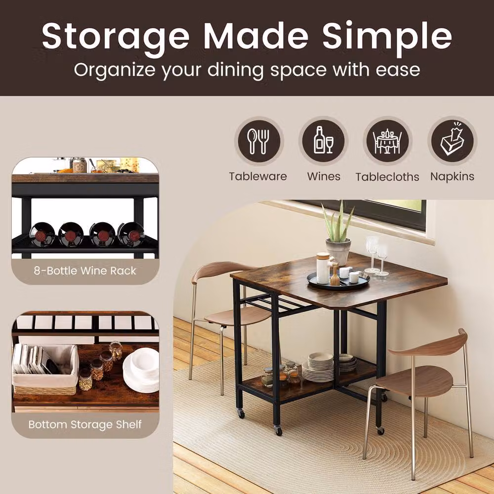 Gymax Expandable Industrial Dining Table with Wine Rack and Castors in Brown – 7