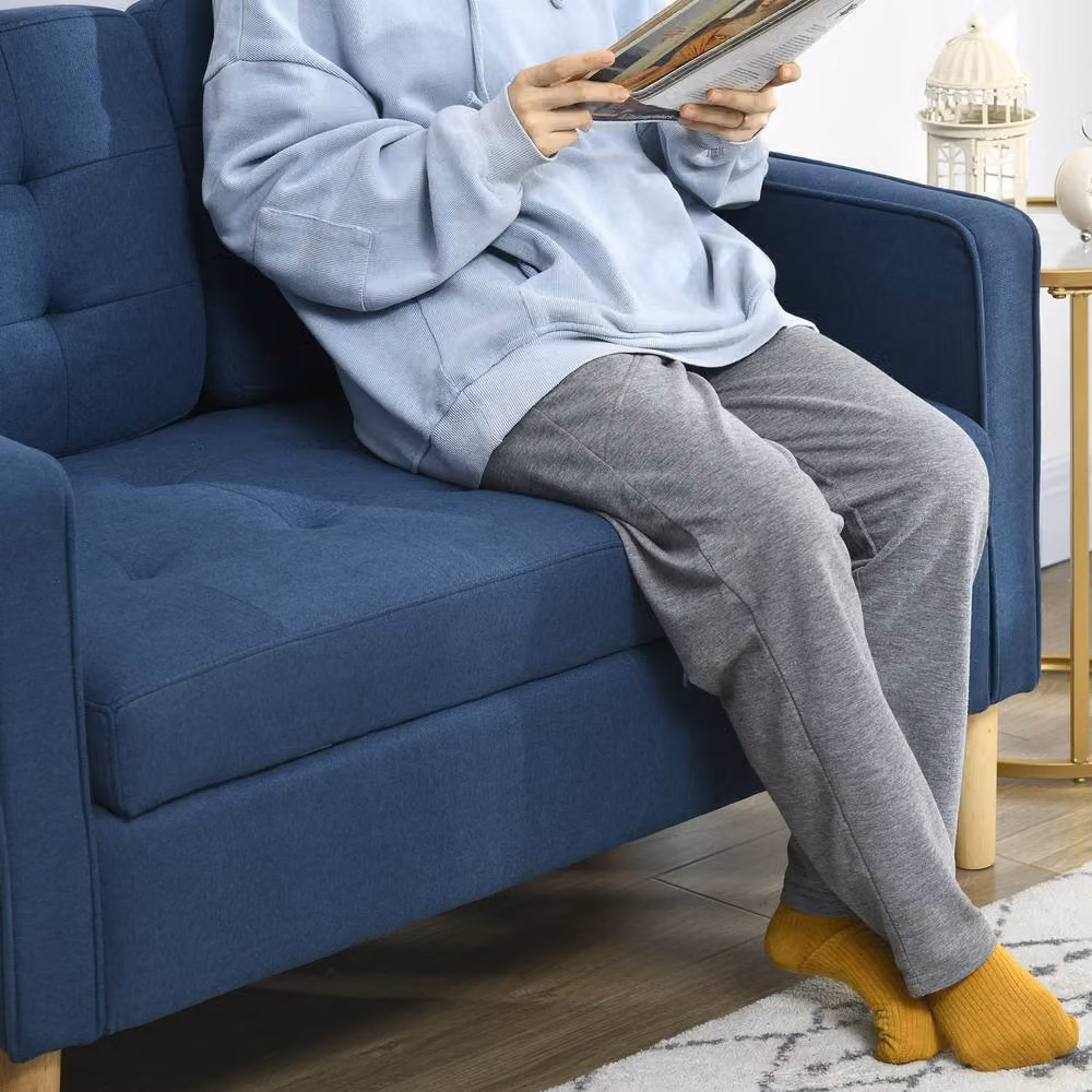 STILVORA Blue Cotton Upholstered Sofa with Storage and Pull Out Drawer – 7