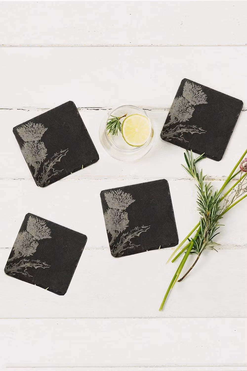 Selbrae House Square Slate Coasters with Floral Thistle Design in Grey and Black, Set of 4 – 3
