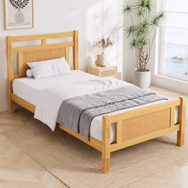 STILVORA Single Wooden Bed with Slat Support in Natural Brown, W/D/H: 90 x 190 cm
