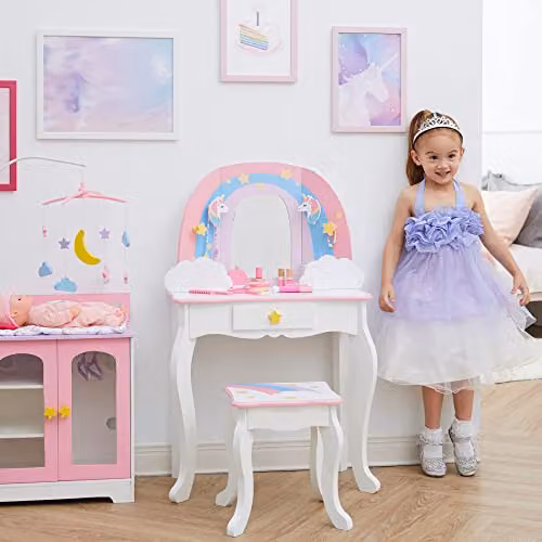 Teamson Kids Modern Rectangular Childrens Play Vanity in White, Pink and Blue – 2