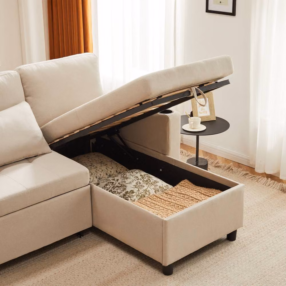Rolipo Beige Fabric 3 Seater L-Shaped Corner Sofa Bed with Storage and Cup Holders – 3