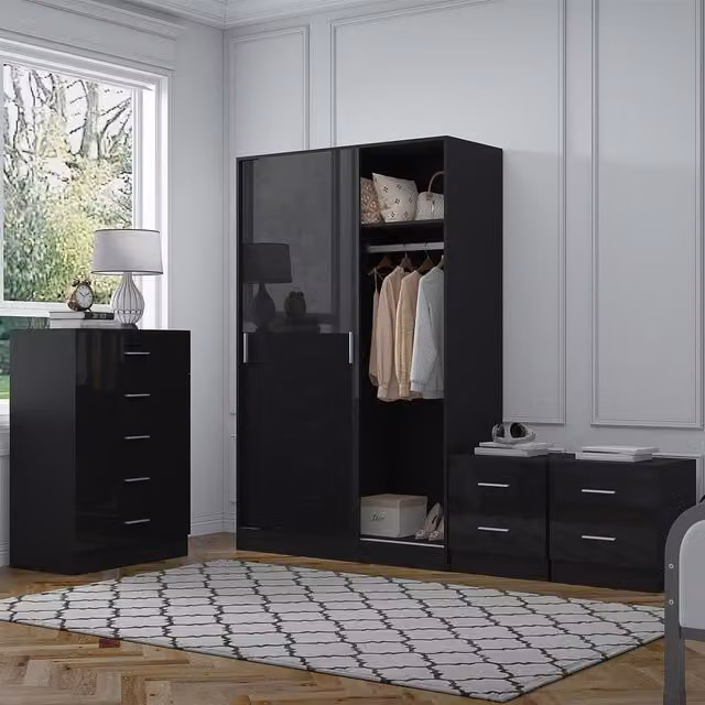 REFLECT Bedroom Furniture Bundle with Sliding Wardrobe, Tall Chest and 2x Bedsides in Black Gloss and Matt Black