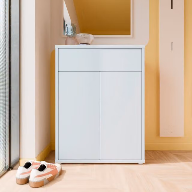 Furniture To Go Alice Springs Modern Shoe Cabinet in Light Grey with 2 Push-to-Open Doors and 1 Drawer