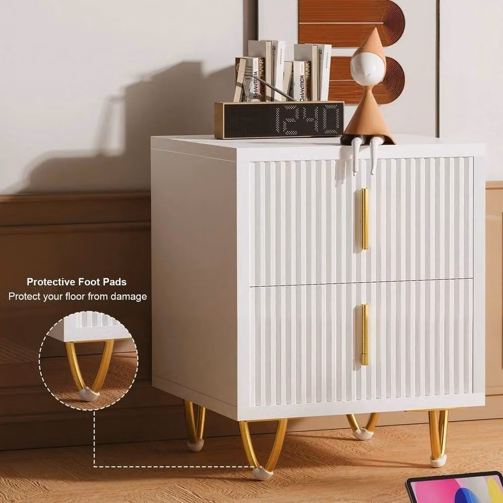 KORVIXA 2-Drawer Bedside Table Cabinet in White and Gold for Bedroom or Living Room Storage – 3
