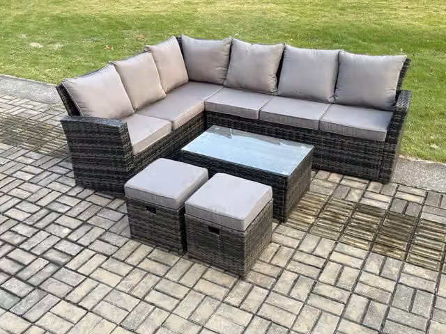 Fimous 8 Seater Rattan Garden Dining Set with Corner Sofa, Rectangular Coffee Table and 2 Footstools in Dark Grey