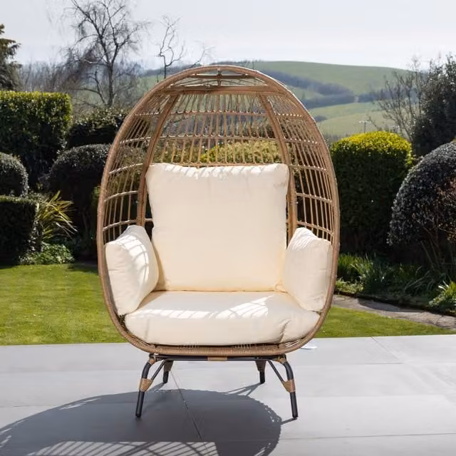Artemis Home Sunelle Oval Shaped Standing Egg Chair in Cream Rattan with Fabric Cushion