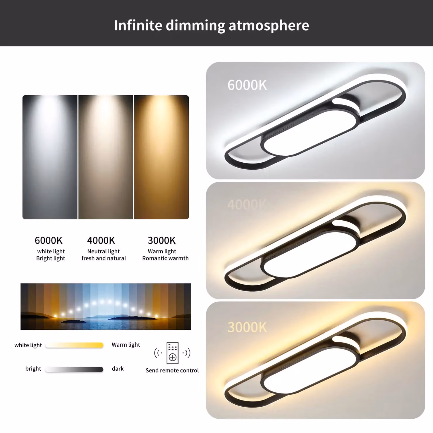 Garwarm Modern Black LED Flush Mount Ceiling Light with Remote Control and Dimmable Acrylic Linear Fixture – 3
