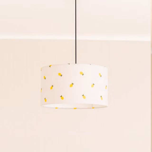 ValueLights Brae Medium Drum Lamp Shade in White and Yellow Fabric with Lemon Embroidery